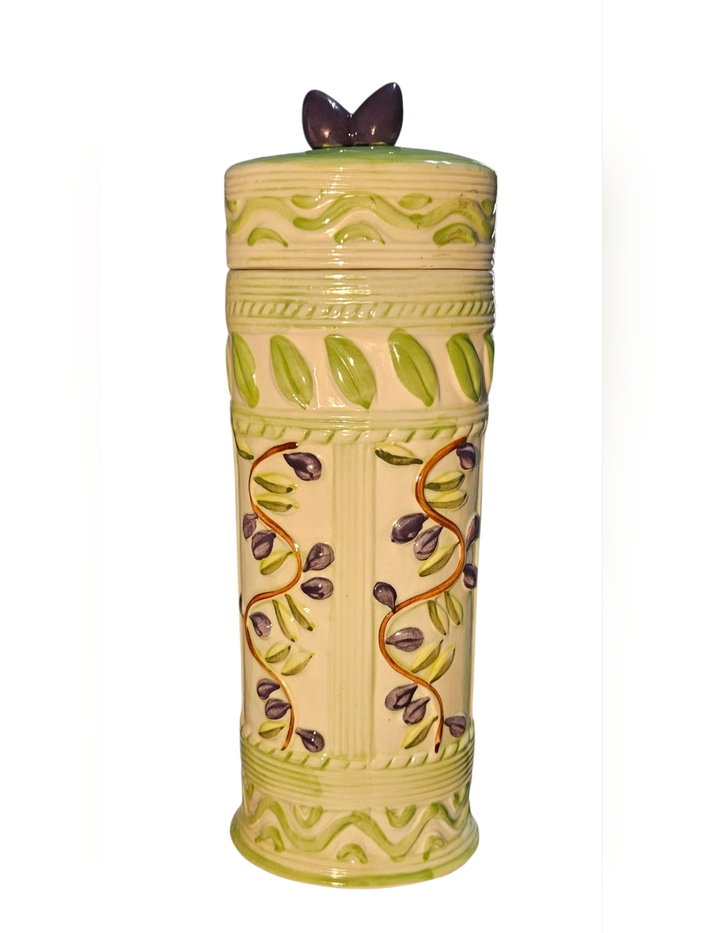 Vtg Oval Ceramic Pasta Canister Storage Jar Purple Olives Green Leaves 13"w/Lid